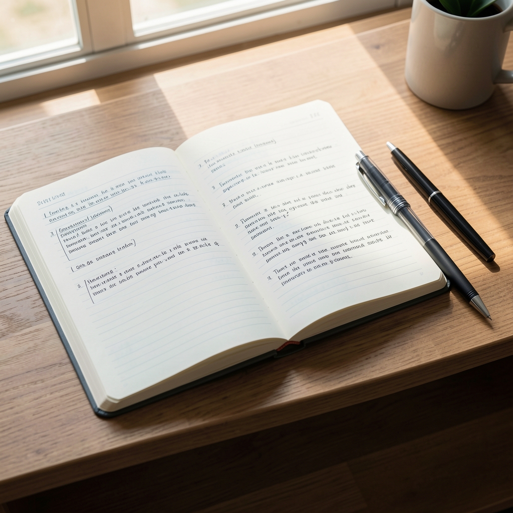 Notebook open on a desk with a pen beside it, detailed editorial notes visible, natural light